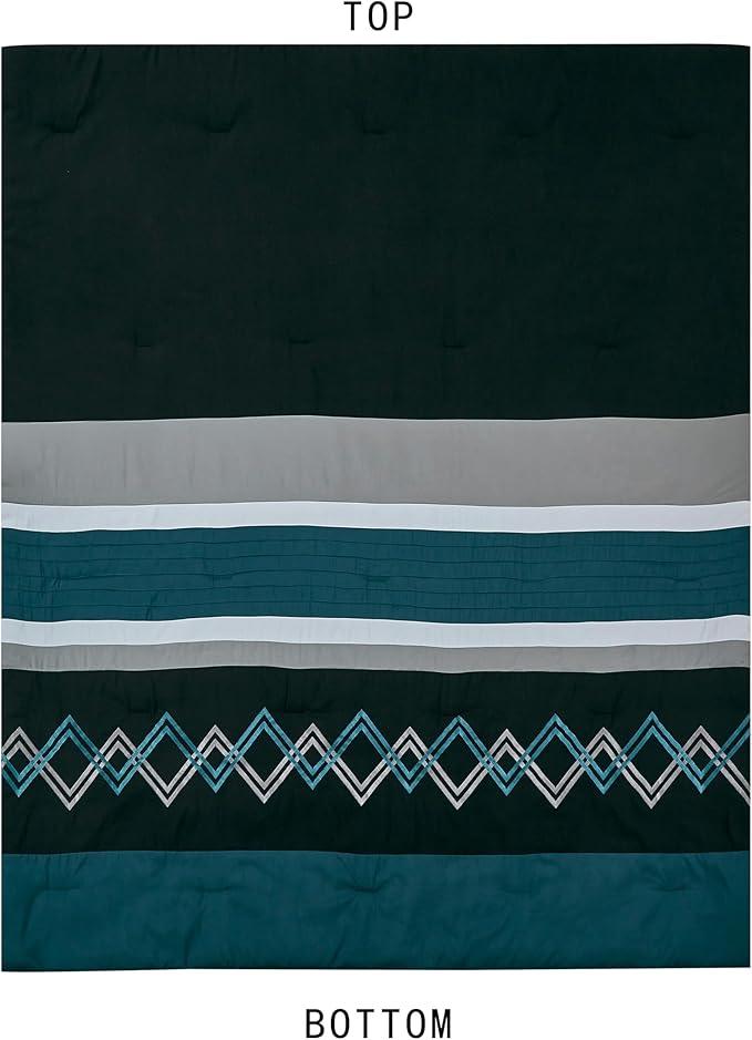 Chezmoi Collection Arden 7-Piece Modern Pleated Stripe Embroidered Zigzag Bedding Comforter Set (Oversized King, Teal/Black/Gray)