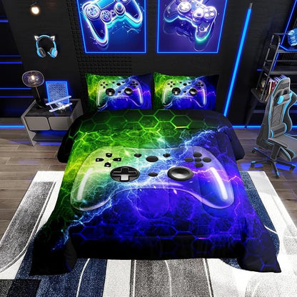 Erosebridal King Size Comforter Set for Kids Boys Gamer Bedding,Honeycomb Gaming Comforter for Teen Kids Lighting Gamepad Quilt Geometric Soft Neon Video Game Room Decor with 2 Pillowcases
