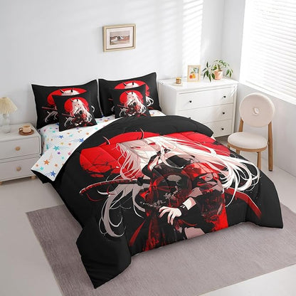 Erosebridal Queen Japanese Anime 7 Piece Comforter Set for Kids, Anime Girl Bed in A Bag Kawaii Japanese Style Bedding Set Cartoon Japan Animation Bed Set for Boys Teen Adult Women Bedroom