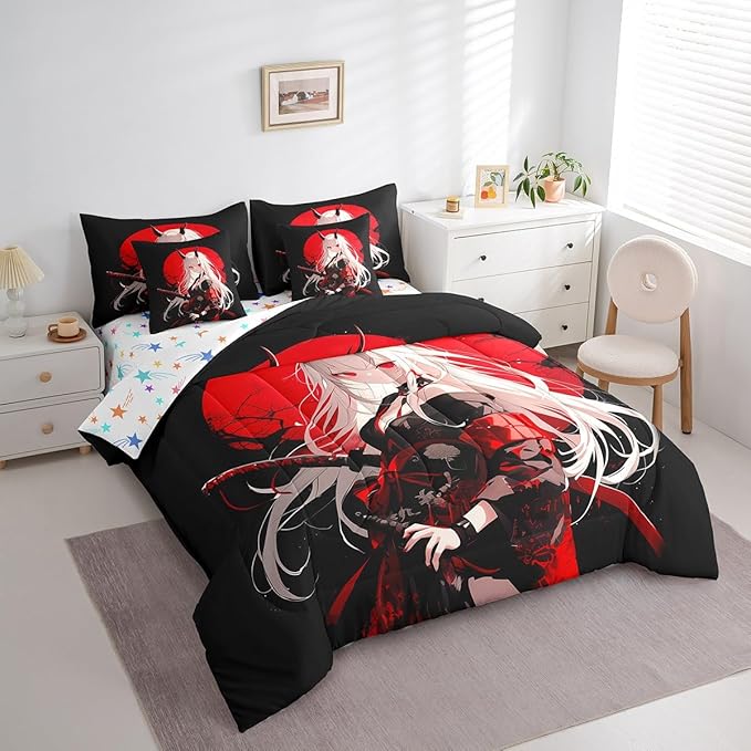 Erosebridal Full Japanese Anime 7 Piece Comforter Set for Kids, Anime Girl Bed in A Bag Kawaii Japanese Style Bedding Set Cartoon Japan Animation Bed Set for Boys Teen Adult Women Bedroom