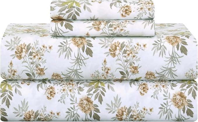 Feather & Stitch Printed 500 TC Full Size 4pc Damask Bed Sheet Set, 100% Soft Cotton Breathable Bedsheets, 18" Deep Pockets Sateen Weave Striped Bedding Mattress Resort Hotel Luxury - Rose Floral