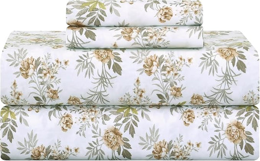 Feather & Stitch Printed 500 TC Full Size 4pc Damask Bed Sheet Set, 100% Soft Cotton Breathable Bedsheets, 18" Deep Pockets Sateen Weave Striped Bedding Mattress Resort Hotel Luxury - Rose Floral