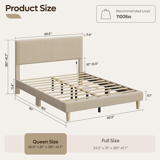 Bestier Queen Size Bed Frame with Headboard LED Lighting,Upholstered,Taupe | Easy Assembly,LED Lighting Headboard,No Squeaks,Vertical Channel Corduroy Upholstered,Wood Slats Support,No Box Spring Needed