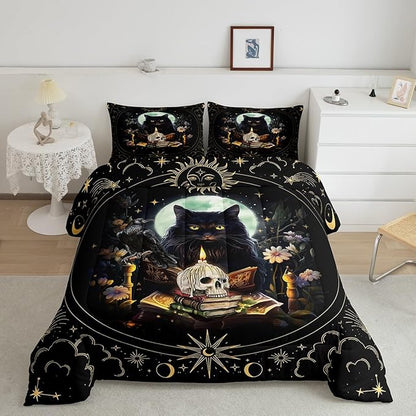 Trippy Cat Comforter Set Queen Size,Sun and Moon Kids Bedding Set Gothic Sugar Skull Crow Print Quilt Set for Girls Boys Adult Room Decor,Exotic Daisy Floral Duvet Insert,2 Pillowcases,Black