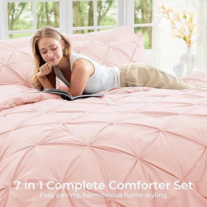 Sasttie King Size Comforter Set, 7-Piece Bed in a Bag, Pintuck Bedding Set for All Season, Includes Comforter, Flat Sheet, Fitted Sheet, Pillowcases and Pillowshams, Blush Pink