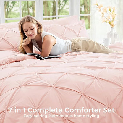 Sasttie King Size Comforter Set, 7-Piece Bed in a Bag, Pintuck Bedding Set for All Season, Includes Comforter, Flat Sheet, Fitted Sheet, Pillowcases and Pillowshams, Blush Pink