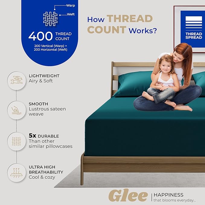 THREAD SPREAD 100% Cotton Pillow Cases Queen Size Set of 2 - Luxury 400 Thread Count Queen Pillow Cases (Teal), Soft Cooling Breathable Hotel Quality Cotton Pillowcases, Fits Standard Pillows