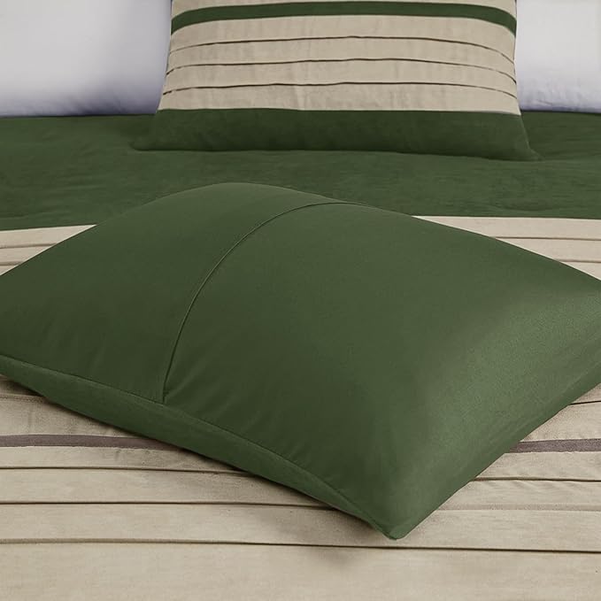 Madison Park Palmer Comforter Set-Luxury Faux Suede Design, Striped Accent, All Season Down Alternative Bedding, Matching Shams, Decorative Pillow, Bed Skirt, Queen (90 in x 90 in), Green 7 Piece