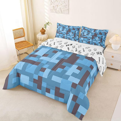 Pixel Grid Miners Kids Bedding Set Queen Size,Reversible Gamepad Video Games Comforter Set，Army Camo Geometric Quilt Comforter,Black Light Blue Bedroom Duvet Insert,2 Pillowcases