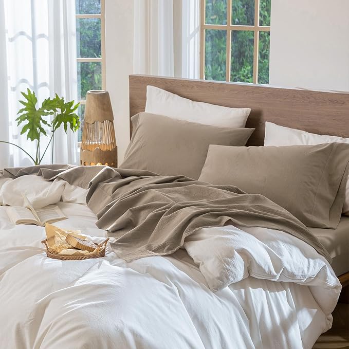 MooMee Bedding Sheet Set 100% Washed Cotton Linen Like Textured Breathable Durable Soft Comfy (Solid Mocha Brown, Full)
