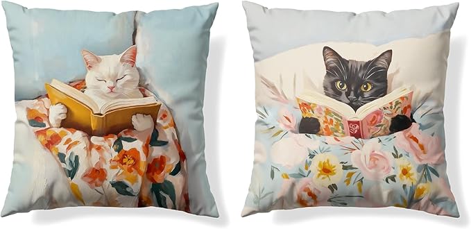 Funny Cat Reader Book Pillow Cover 18 x 18 Set of 2, Reading Nook Corner Decor, Gifts for Book Lovers, Preppy Floral Black White Cats Bookish Pillowcase（001）