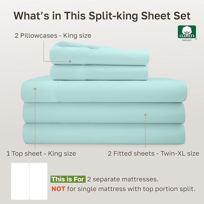 California Design Den Split King Sheets Sets for Adjustable Bed - Soft 400 Thread Count Sateen, Natural 100% Cotton Sheets with Deep Pockets, Breathable, and Durable Bedding Set - Seafoam