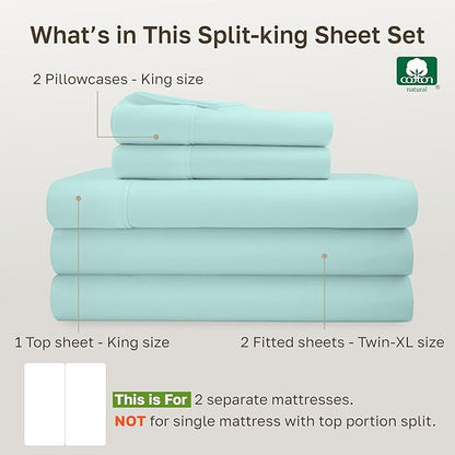 California Design Den Split King Sheets Sets for Adjustable Bed - Soft 400 Thread Count Sateen, Natural 100% Cotton Sheets with Deep Pockets, Breathable, and Durable Bedding Set - Seafoam