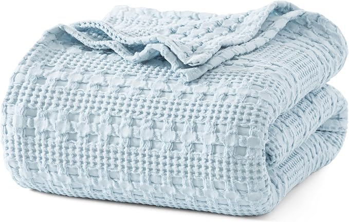 PHF 100% Cotton Waffle Weave Blanket Queen Size for Bed, Soft Lightweight & Breathable for Spring and Summer, All-Season Comfort, Luxury Aesthetic Blanket for Home Decor, 90"x90", Sky Blue