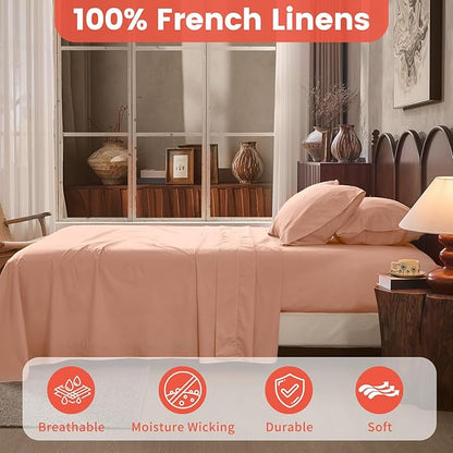 100% Linen Sheets King Size,Breathable & Durable 4-Piece Bed Flax Sheet Set,Soft All-Season Bedding for Hot Sleepers 16" Deep Pocket Oeko-TEX Certified,（King, Light Red）