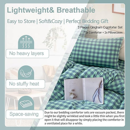 EAVD Queen Comforter Set Green Gingham Comforter Set 3 Pieces Soft Fluffy Cotton Bedding Set with 2 Pillowcases Modern Grid Checkered Plaid Bedding Set for All-Season Lightweight&Breathable