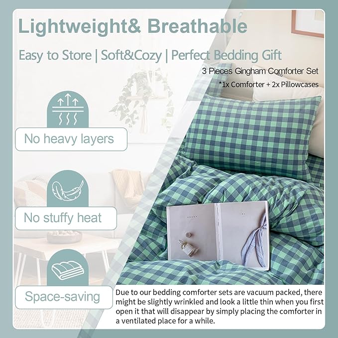 EAVD Green Gingham Comforter Set King Soft Fluffy 3-Piece Modern Grid Checkered Plaid Bedding Set with 2 Pillowcases Farmhouse Geometric Print Comforter Set for All-Season
