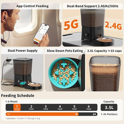 HoneyGuaridan Automatic Cat Feeder, 5G WiFi Cat Food Dispenser with App Control, Timed Feeder with Stainless Steel Bowl and Slow Bowl, Desiccant Bag
