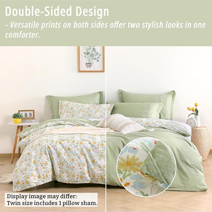 Floral Cotton Comforter Twin Size 2Pcs - Yellow and Blue Tiny Flowers & Little Lambs on White, Sage Green Back, Reversible Lightweight Bedding Sets with Soft Fill(1 Comfoter, 1 Pillowcase)