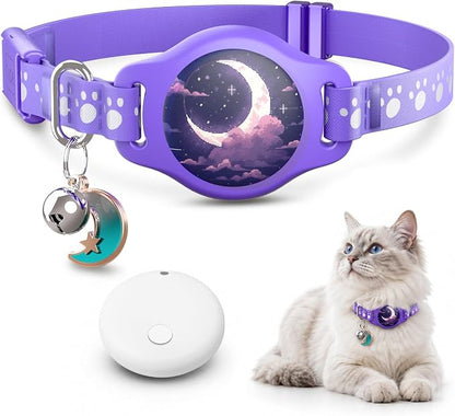 Cat Tracker Collar - Waterproof Airtag Cat Collar with Finder Tag, Purple | Compatible with Apple Find My (iOS ONLY), Breakaway Tractive Design with Reflective Pattern & Bell (Not for Android Devices)