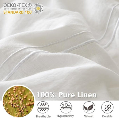 Simple&Opulence 100% Washed Linen Duvet Cover Set 104"x92" - 3 Pieces Soft Farmhouse Comforter Cover Set Double Embroidered with Button Closure - 1 Duvet Cover and 2 Pillowcases (White, King)