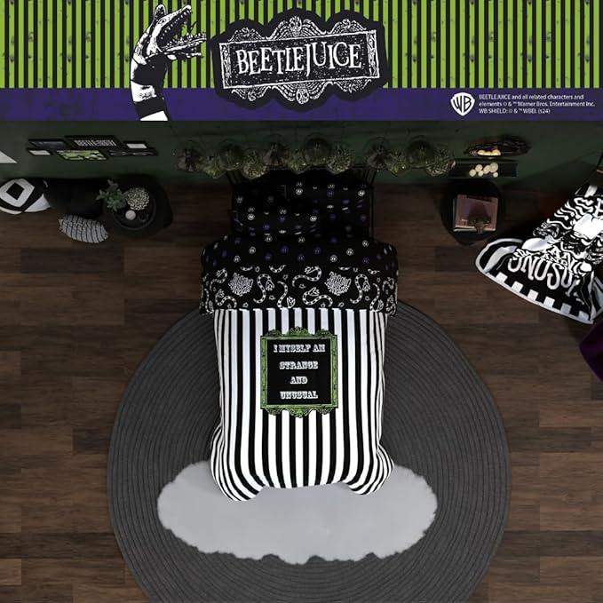 Franco Collectibles Beetlejuice Halloween Striped Bedding 4 Piece Super Soft Comforter and Sheet Set, Twin, (Officially Licensed Product)
