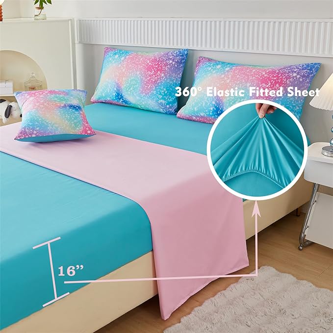 RYNGHIPY Full Girls Comforter Set Colorful Rainbow Bed in A Bag for Girls Kids 6 Piece Ombre Galaxy Glitter Bedding Set
