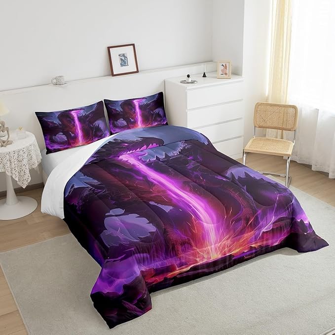 Castle Fairy Dragon 3 Pcs King Size Comforter Set,Mysterious Western Animals Down Alternative Adults Bedroom Decor,Purple Lightning Flame Ultra Soft Microfiber Inner Fill 3Pcs Bedding