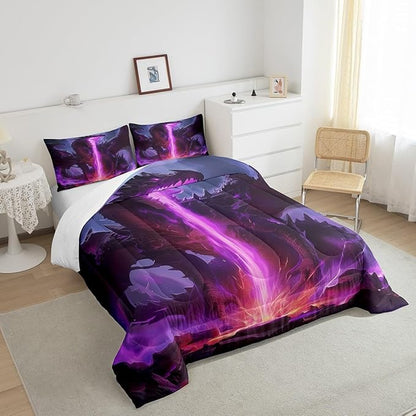Castle Fairy Dragon 3 Pcs King Size Comforter Set,Mysterious Western Animals Down Alternative Adults Bedroom Decor,Purple Lightning Flame Ultra Soft Microfiber Inner Fill 3Pcs Bedding