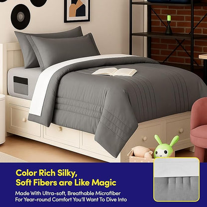Twin Size Comforter Set Quilted Stripe Bedding Bundle – Comforter, Mattress Protector, Sheets with Pockets on the Side & Built-in Corner Strap – Fitted Sheet Media Pocket for Devices, Gray/Silver