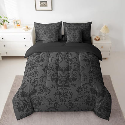Erosebridal Gothic Damask Bed in a Bag King Size Comforter Set 7 Pieces,Halloween Bat Bedding Sets Black Grey Victorian Floral Goth Sheet Set with Comforter