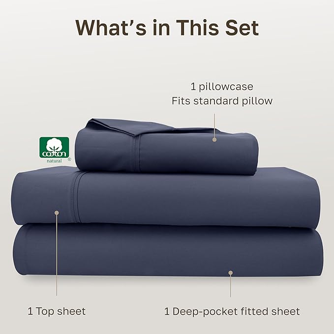 California Design Den Twin XL Sheet Sets - Soft 400 Thread Count Sateen, Natural 100% Cotton Sheets with Deep Pockets, Durable Bedding Set - Indigo Dusty Blue