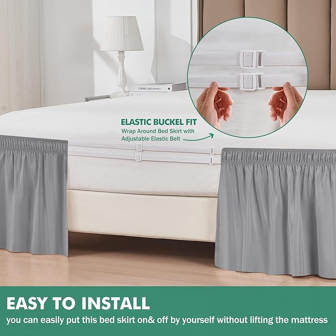 Biscaynebay Wrap Around Bed Skirts with Split Corners for King Beds 17" Drop, Silver Grey Elastic Dust Ruffles Adjustable Easy Fit Wrinkle & Fade Resistant Silky Luxurious Fabric Machine Washable