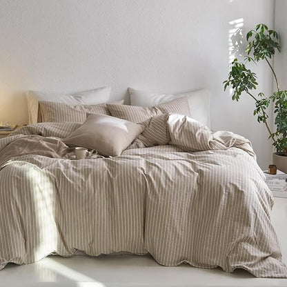Nayoroom Brown Striped Duvet Cover King Size 100% Washed Cotton White Pinstripe Duvet Cover 3 Pieces Soft Breathable Girls Dorm Bedding Set for Hot Sleepers, Yarn Dyed Process