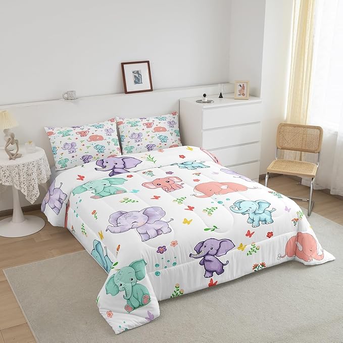 Cartoon Elephant Boys Girls Comforter Set Full Size,Watercolor Flowers Leaves Butterfly Duvet Sets Teens Bedroom Decor,Cute Wild Animal Elephants Brushed Soft Bedding Comforter