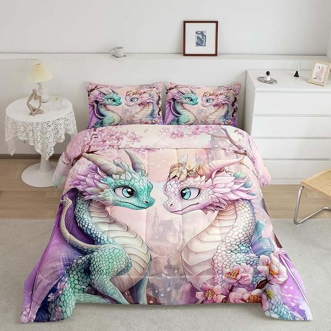 Western Dragon Couple Comforter Set Toddler Size Japanese Cherry Blossom Bedding Sets All Season Pastel Girly Pink Castle Quilt Set Bedroom Decor Dreamy Fairy Tale Down Comforter,2Pcs
