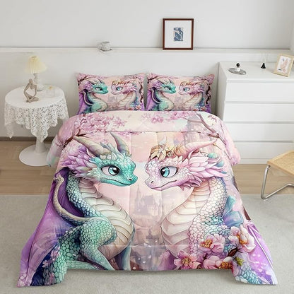 Western Dragon Couple Comforter Set Toddler Size Japanese Cherry Blossom Bedding Sets All Season Pastel Girly Pink Castle Quilt Set Bedroom Decor Dreamy Fairy Tale Down Comforter,2Pcs