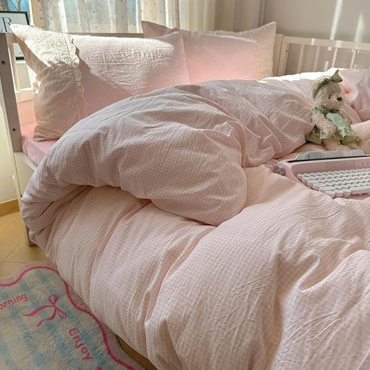Pink Gingham Full Size Comforter Sets Fluffy Lightweight Bedding Set Farmhouse Boho Cozy Lace-Trimmed Bedding Comforter Down Alternative Microfiber Textured Plaid Comforter with 2 Pillowcases