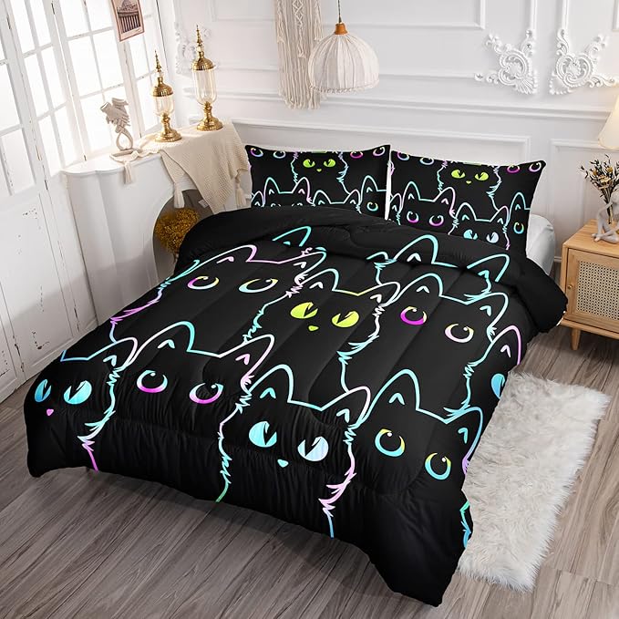 Axolotl Kids Bedding Cartoon Cat Comforter Set Queen Size,Gradient Line Cute Cat Bedding Set for Teens Kids Boys Girls Adults Room Decor,Kids Comforter Set All Season,1 Comforter 2 Pillow Cases,Black