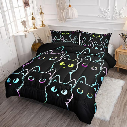 Axolotl Kids Bedding Cartoon Cat Comforter Set Queen Size,Gradient Line Cute Cat Bedding Set for Teens Kids Boys Girls Adults Room Decor,Kids Comforter Set All Season,1 Comforter 2 Pillow Cases,Black