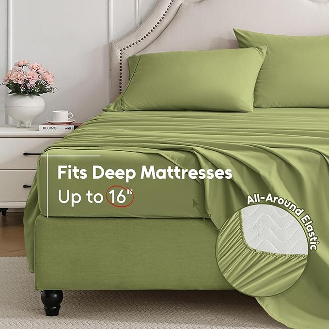 Full Size Bed Sheets Set, 4 Pieces Hotel Luxury Soft Microfiber Bed Sheets Set, Up to 16" Deep Pockets, Oeko-Tex Sheets with Elastic, Breathable, Wrinkle Free (Green, Full)
