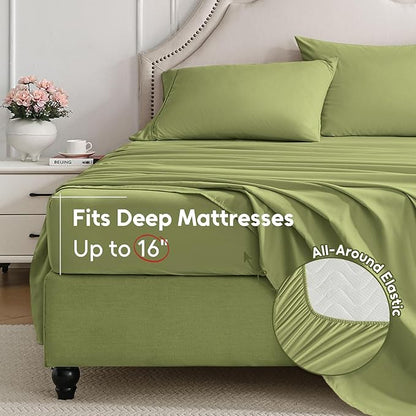 Twin Sheets Set, 3 Pieces Hotel Luxury Soft Microfiber Bed Sheets Set, Up to 16" Deep Pockets, Oeko-Tex Sheets with Elastic, Breathable, Wrinkle Free (Green, Twin)