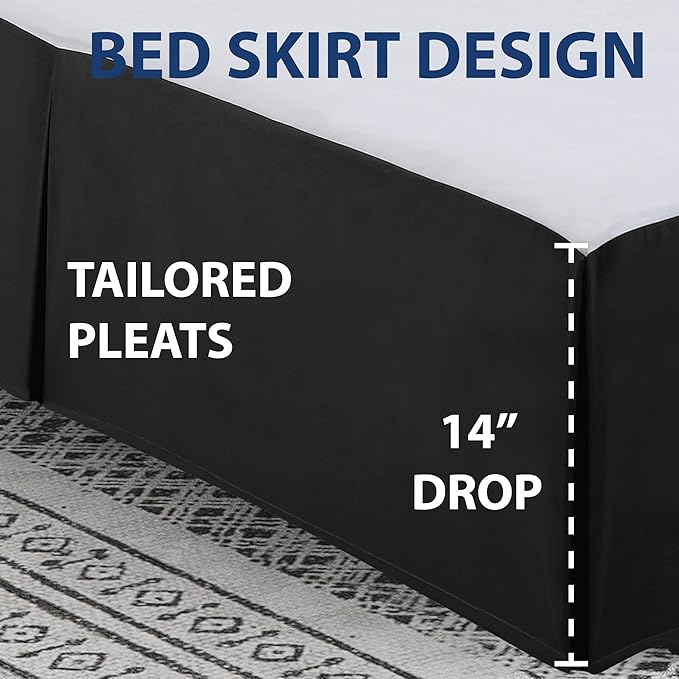 Cathay Home Double Brushed Microfiber Pleated Easy Fit Bed Skirt, Ultra Soft, Fade and Wrinkle Resistant - Black, California King