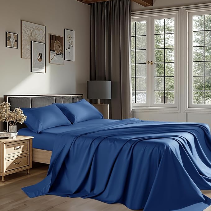 100% Egyptian Cotton Sheets 1200 Thread Count King Size Bedding Sets 4 Pcs, Fitted Sheet Up to 16" Deep Breathable All Seasons (King, Navy Blue)
