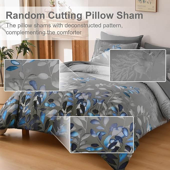 Anibedding 7 Pieces King Size Comforter Set, Grey Blue Botanical Gradient Leaves Ultra Soft Microfiber Down Alternative Bedding Set with Sheets and Pillowcase for All Season