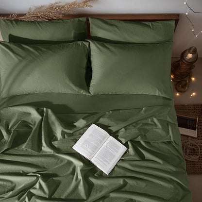 LBRO2M 100% Pure Linen Sheet Set Deep Pocket Up to 16" Bed Sheets Sets, Natural Flax Beddings Soft, Breathable, Comfortable for All Seasons 6 Pcs Sheet Set Queen Size, Olive Green