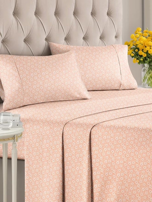 Floral Sheets - Pink & White Bed Sheet Set - 1 Flat, 1 Fitted & 2 Pillowcases w/ Deep Pockets - Comfy, Cozy, Wrinkle & Fade Free - Boho Botanical Bedding - Soft, Breathable & Cooling - Full Size Set