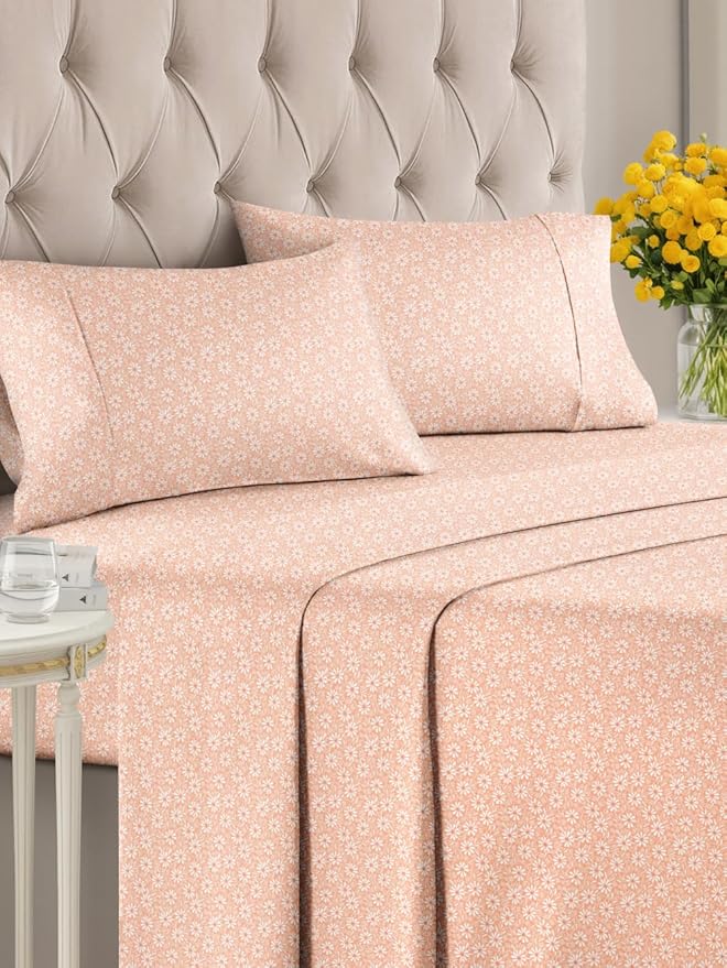 Floral Sheets - Pink & White Bed Sheet Set - 1 Flat, 1 Fitted & 2 Pillowcases w/ Deep Pockets - Comfy, Wrinkle & Fade Free - Boho Botanical Bedding - Soft, Breathable and Cooling - Cal King Size Set