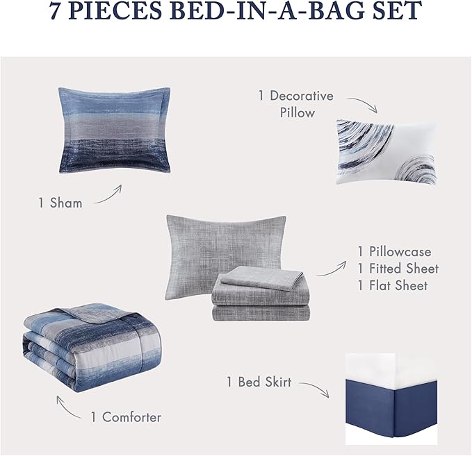 Madison Park Essentials Twin Comforter Set, Bed in a Bag, Watercolor Print Coastal Comforter & Chambray Cotton Sheet Set, All Season Bedding Set, Saben, Navy Twin (68 in x 86 in) 7 Piece