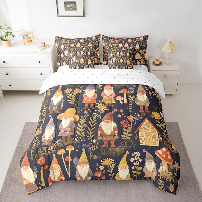 Retro Farmhouse Gnome Comforter Set 7 Pieces,Jungle Botanical Flowers Leaves Bed Set,Rustic Style Bedding Bed in a Bag,King (1 Comforter,2 Pillowcase,2 Pillow Covers,1 Flat Sheet,1 Fitted Sheet)